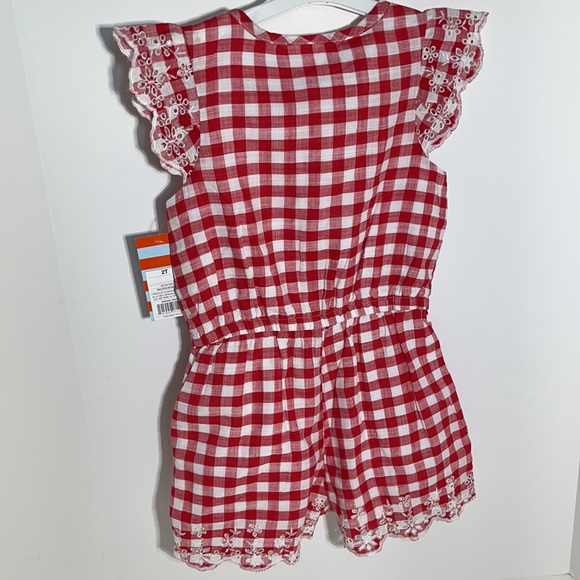 Toddler Girl’s Red & White Gingham Print Romper w/ Eyelet Detailing and Pockets - Picture 8 of 8